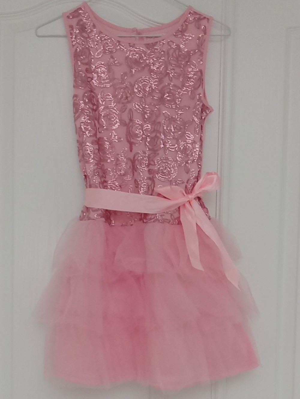 Girls Pink Sequin Floral Tulle Party Dress with Bow